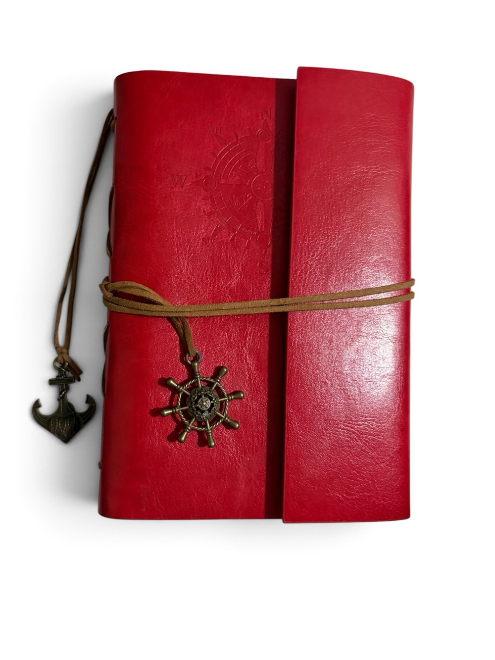 Red Leather Travel Journal with Nautical Theme and Natural Fiber Paper